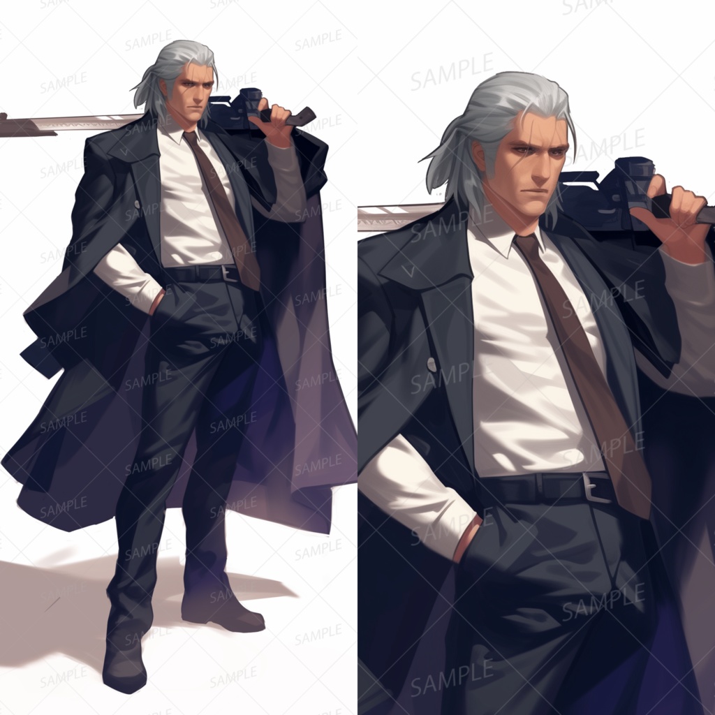 A0014：黒スーツに冷徹な表情の銀髪銃剣士[立ち絵・縦画面]
