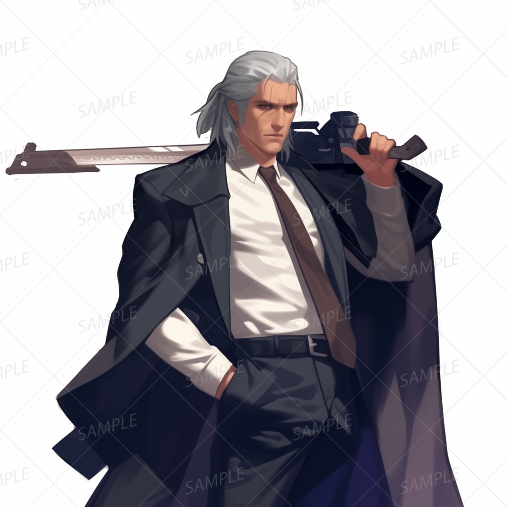 A0014：黒スーツに冷徹な表情の銀髪銃剣士[立ち絵・縦画面]