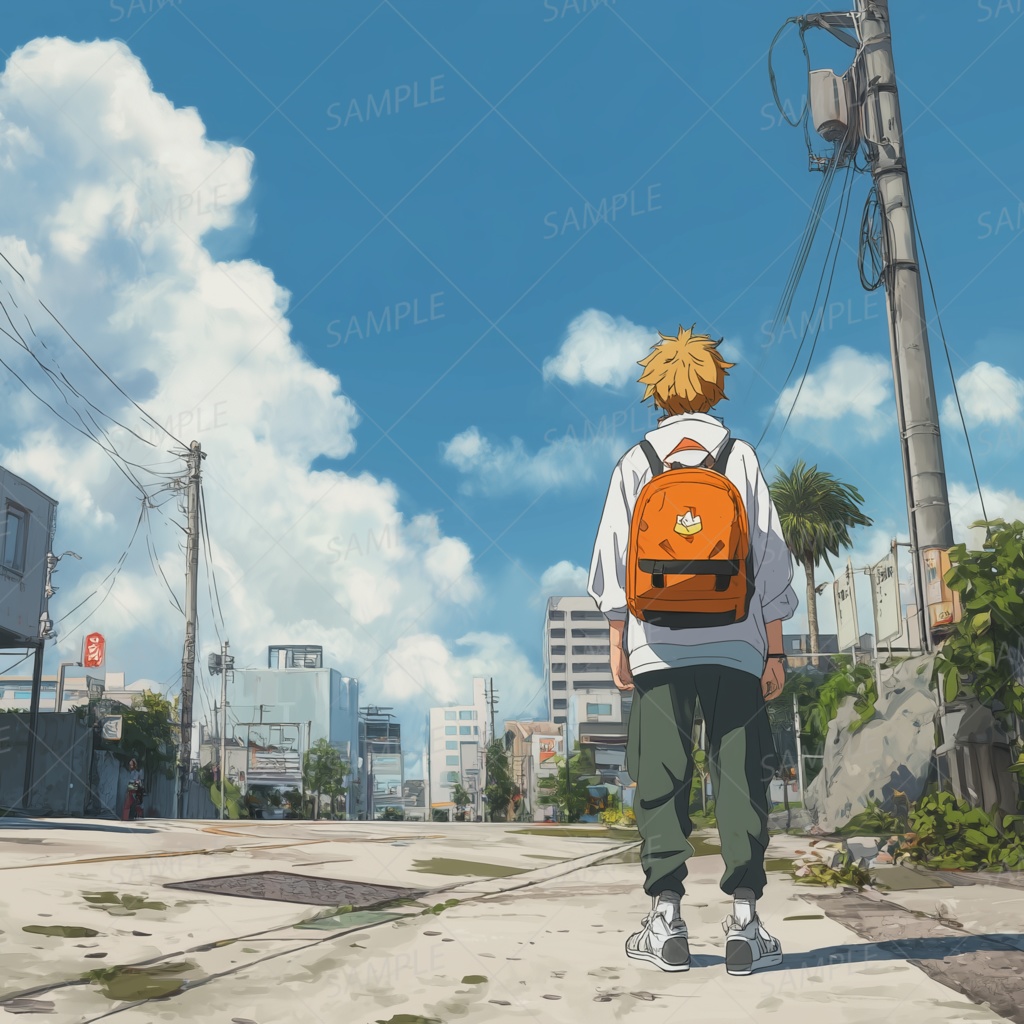B0006：アスファルトと無人の通りで見上げる少年[PC壁紙・横画面]