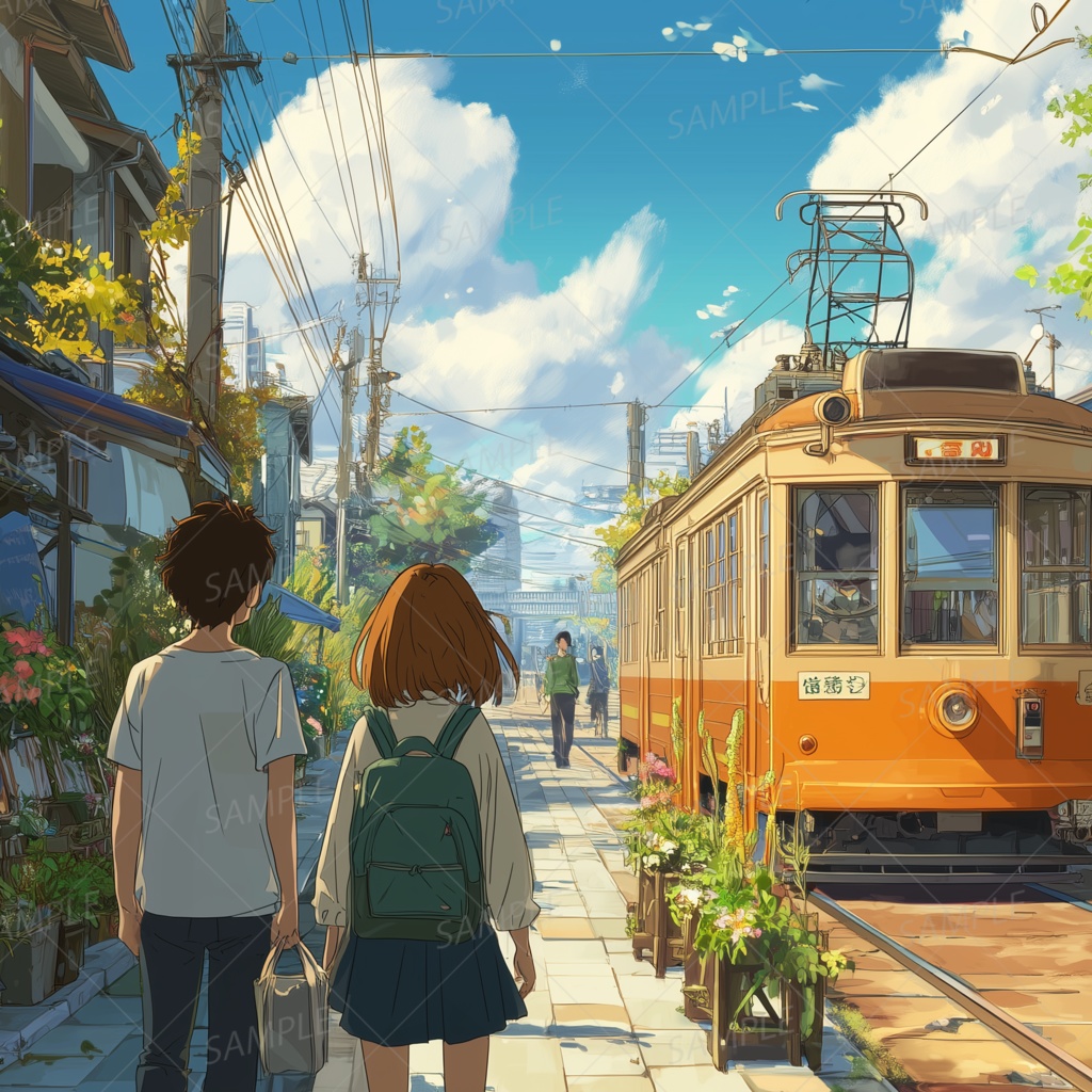 B0007：レトロ電車と晴れた町角で並んで歩く二人[PC壁紙・横画面]