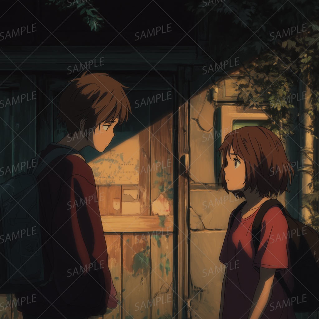 B0008：古びた建物の前で対峙する少年少女[PC壁紙・横画面]