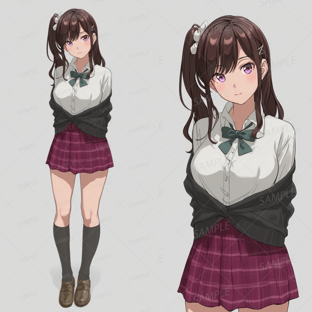 A0029：サイドポニーと赤チェック制服の女子高生[立ち絵・縦画面]