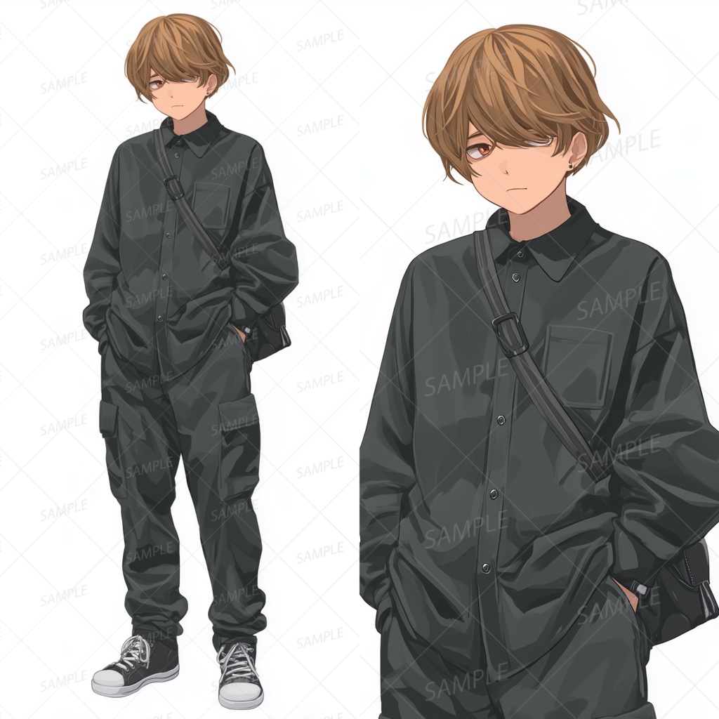 A0032：片目を隠す前髪と黒服の無表情男子[立ち絵・縦画面]
