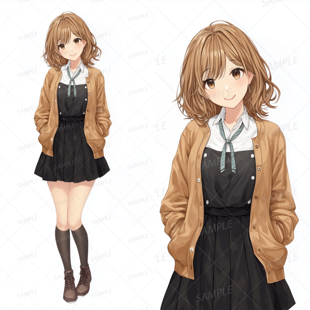 A0039：やわらか外巻きの茶髪ミディの制服女子[立ち絵・縦画面]