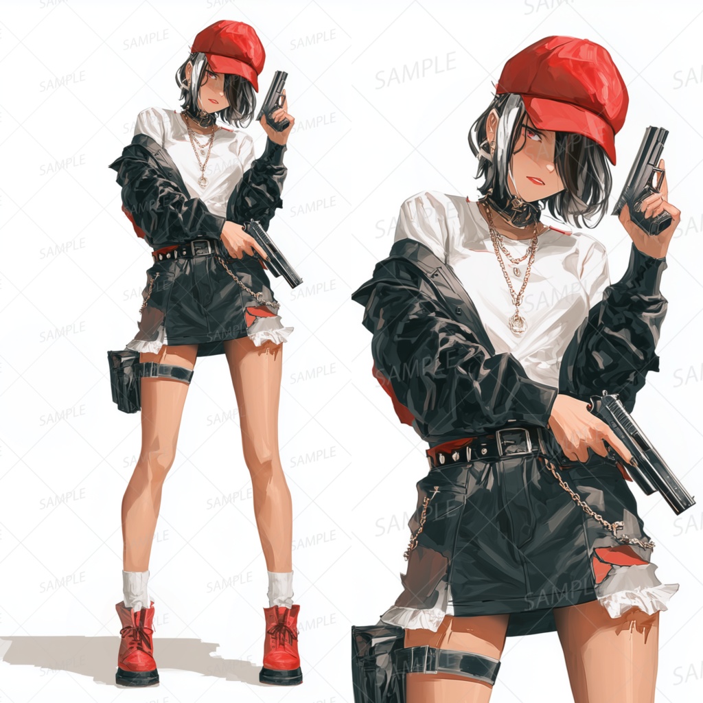 A0051：赤キャップをかぶり二丁拳銃を構える少女[立ち絵・縦画面]