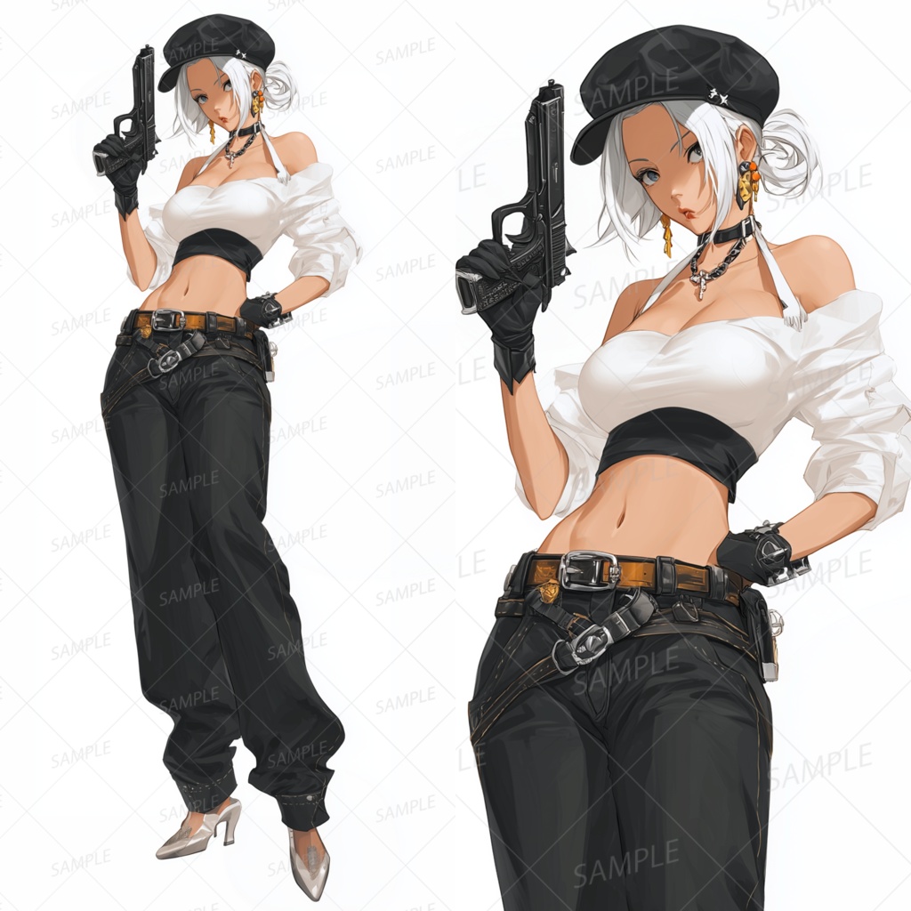 A0053：肩を出した白トップスとピストルを持つ女性[立ち絵・縦画面]