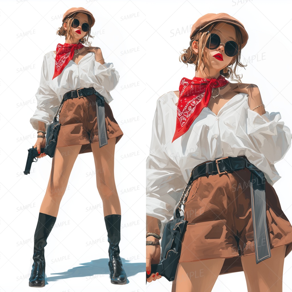 A0055：ベージュ帽子と赤スカーフの武装した女性[立ち絵・縦画面]