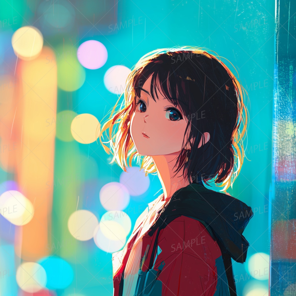 C0002：雨のネオン街で佇む赤ジャケットの少女[スマホ壁紙・縦画面]