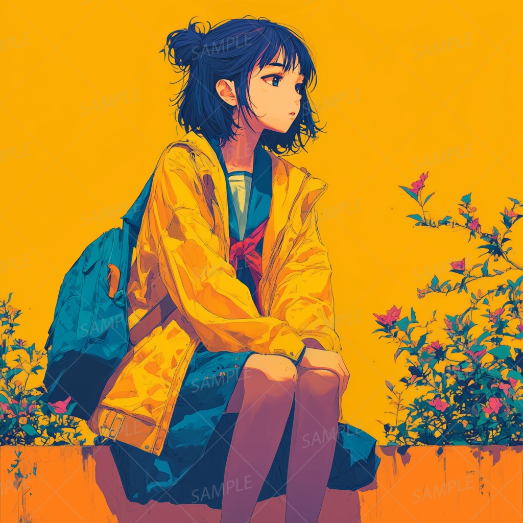 C0004：塀の上で足をぶら下げる青髪の少女[スマホ壁紙・縦画面]