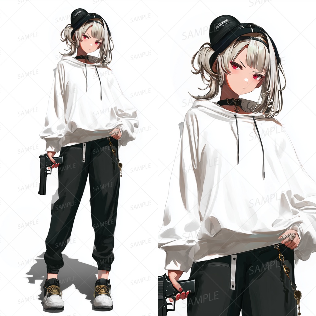 A0056：拳銃を持つストリート系の白パーカー女子[立ち絵・縦画面]
