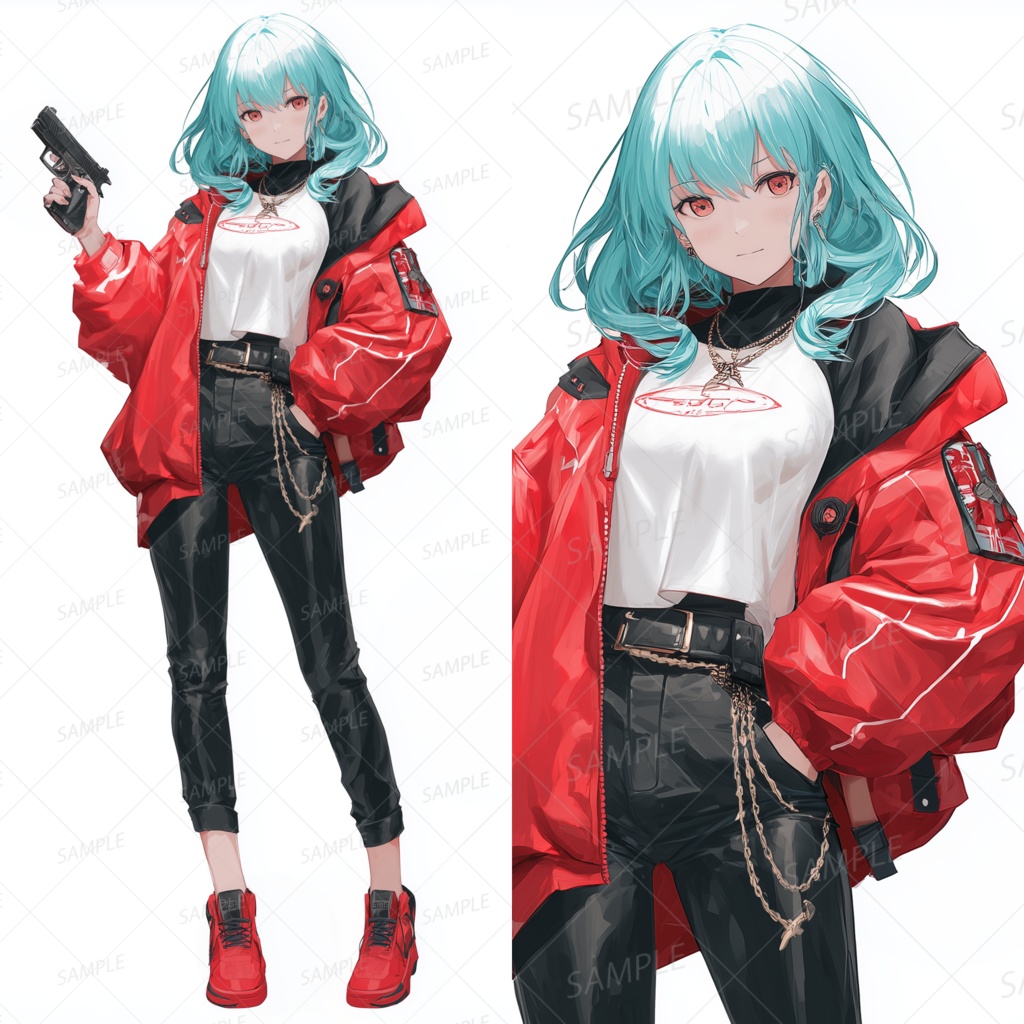 A0058：赤ジャケットのピストルを持つミント髪の少女[立ち絵・縦画面]