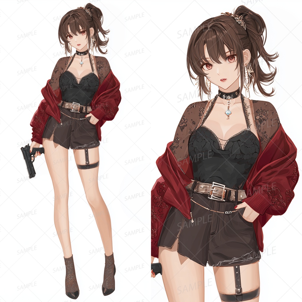 A0060：華やかなアクセと赤茶系コーデの大人の女性[立ち絵・縦画面]