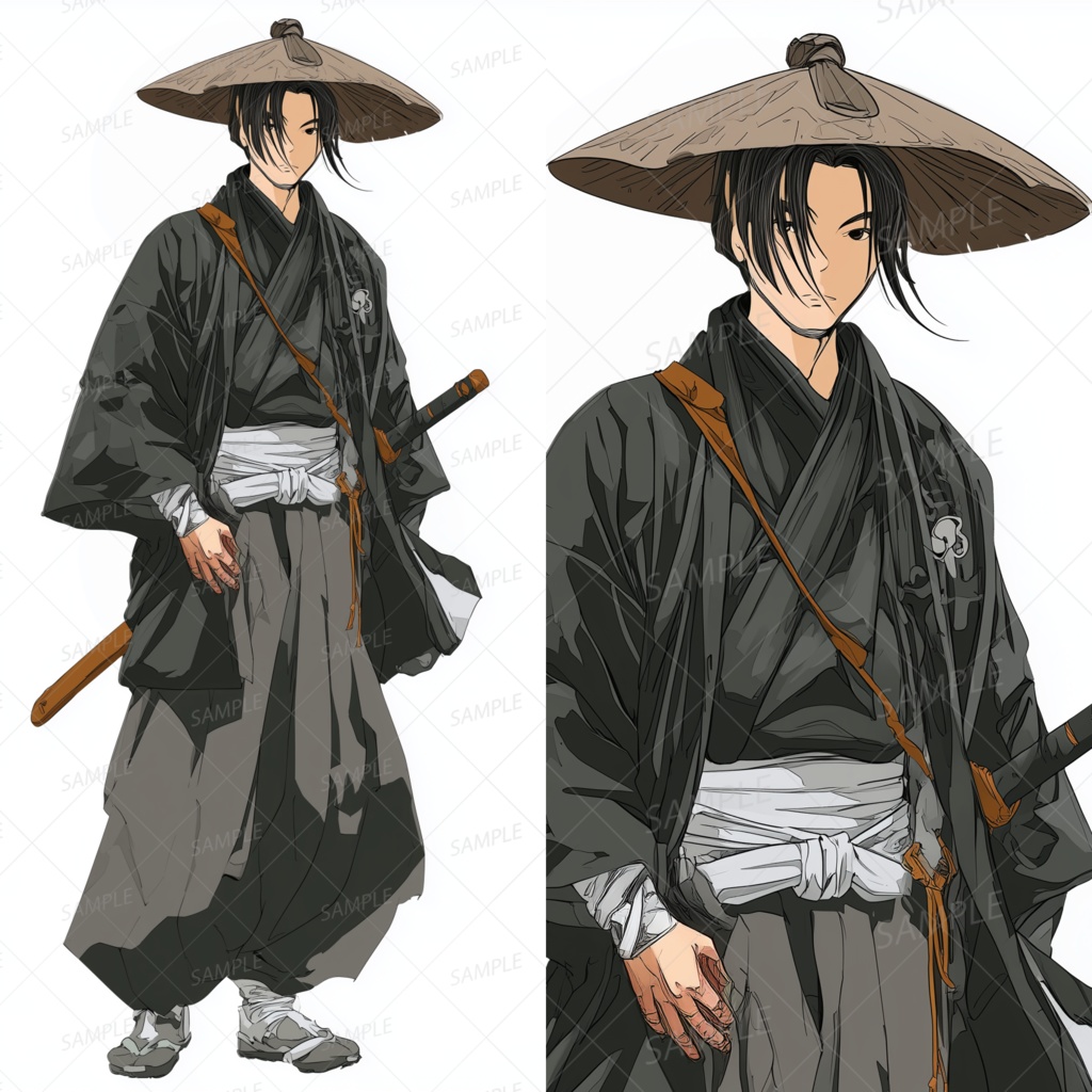 A0062：笠をかぶり黒装束をまとう流浪の剣士[立ち絵・縦画面]