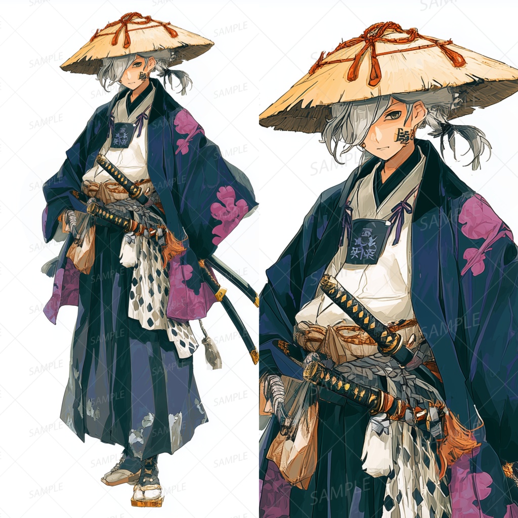 A0064：編笠と紫羽織に身を包む銀髪の若き旅侍[立ち絵・縦画面]