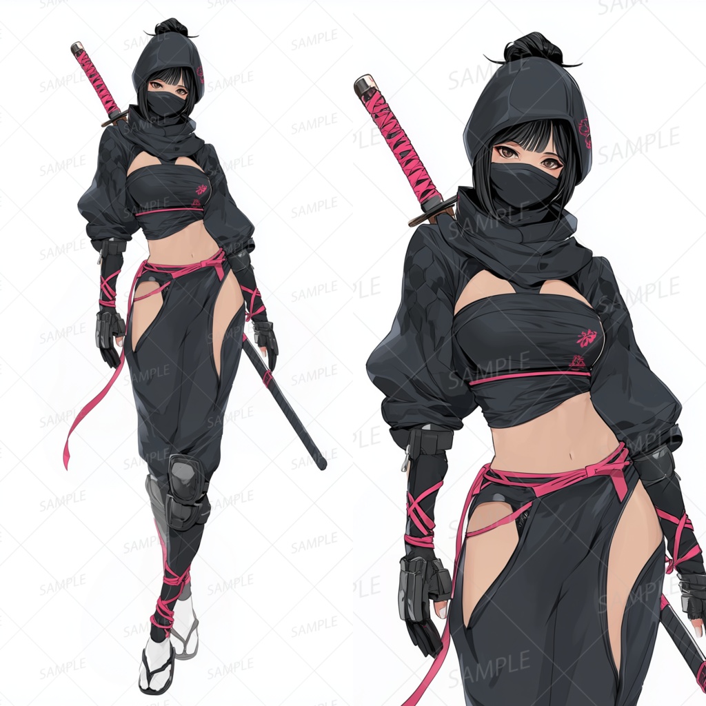 A0065：刀を背負う黒装束とピンク紐のくノ一[立ち絵・縦画面]