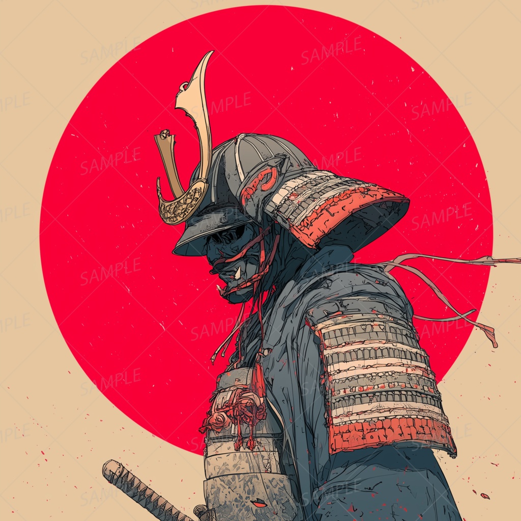 C0005：血に染まった甲冑と日章を背負う武士[スマホ壁紙・縦画面]