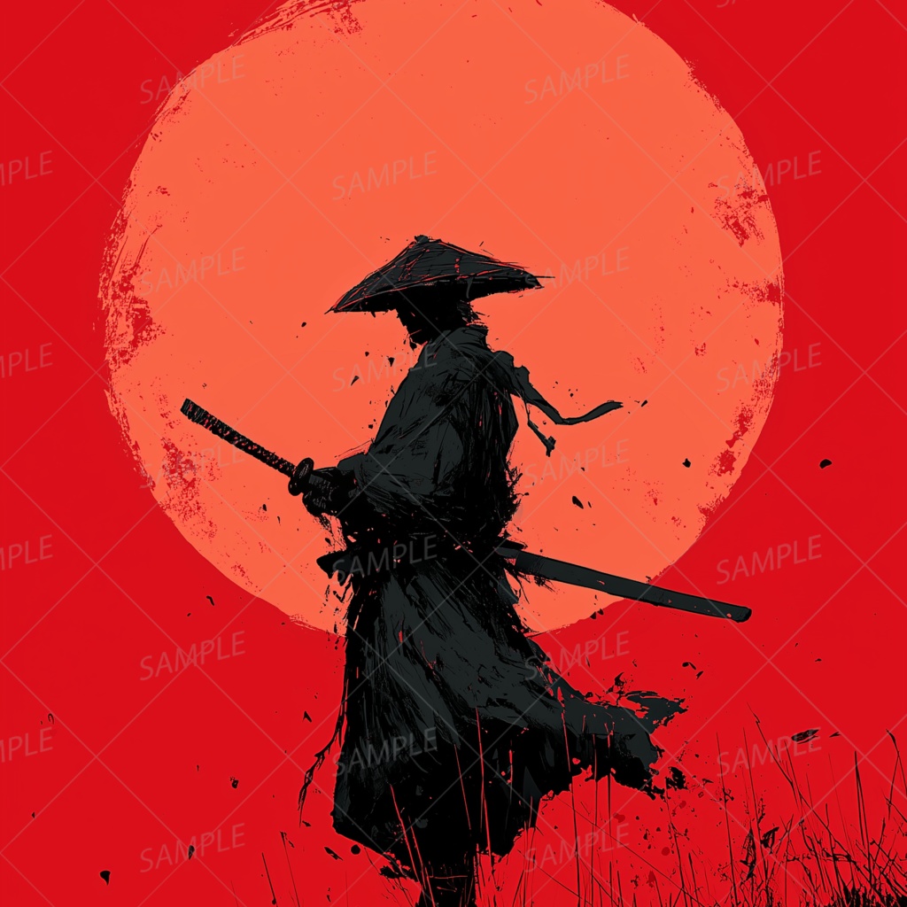 C0006：沈む夕日に立つ編笠浪人[スマホ壁紙・縦画面]