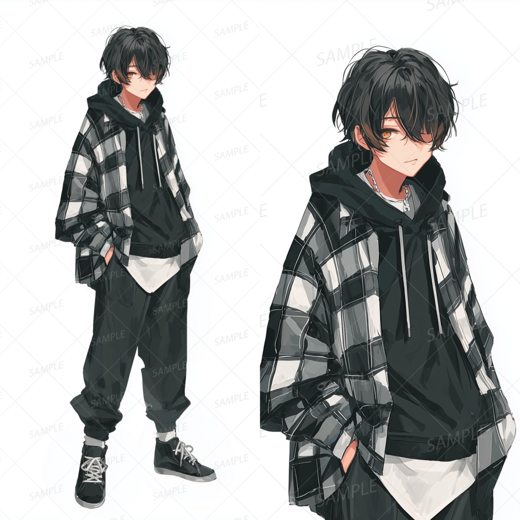 A0069：チェックシャツのモノトーンに染まる少年[立ち絵・縦画面]