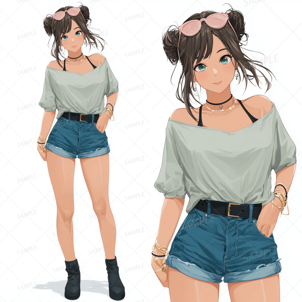 A0071：お団子ヘアとサングラスの夏ガール[立ち絵・縦画面]