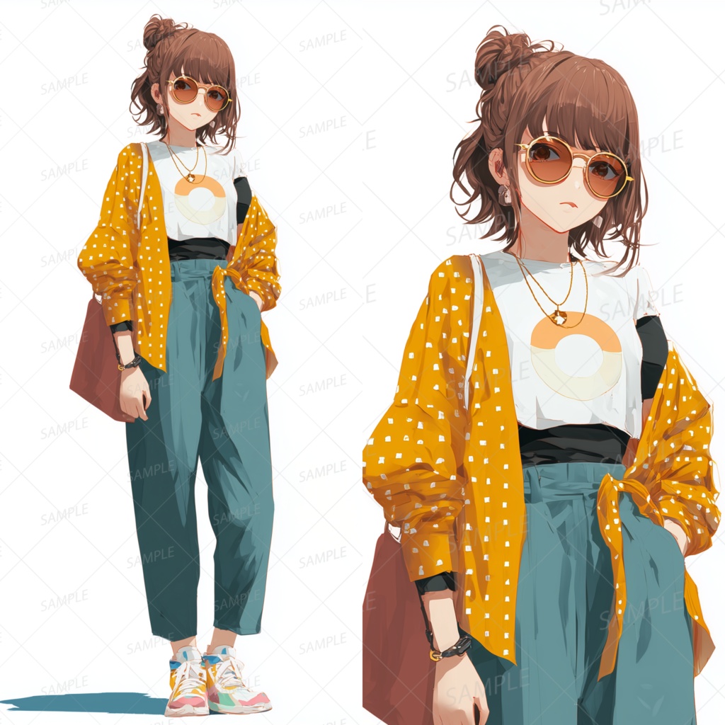 A0073：サングラス水玉イエローカーデの女子[立ち絵・縦画面]