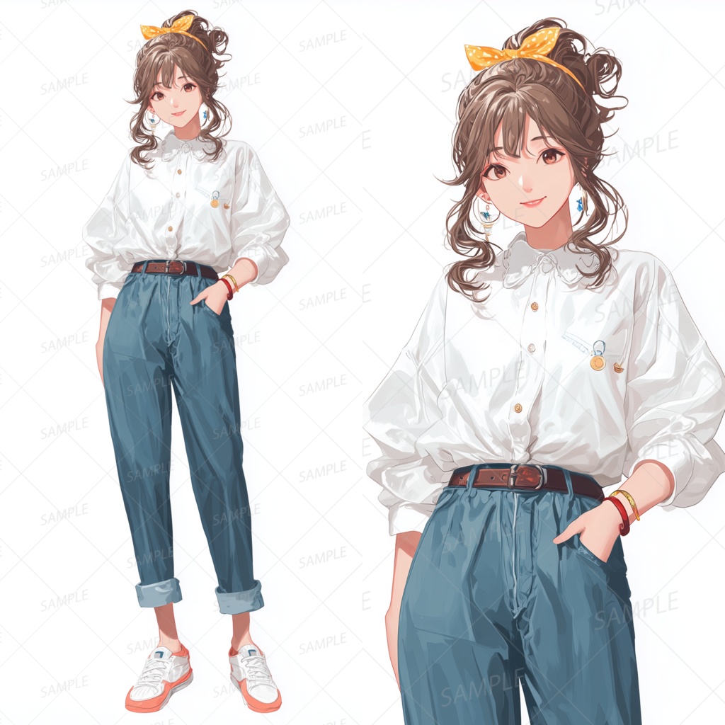 A0074：黄色リボンのゆる巻きヘア女子[立ち絵・縦画面]