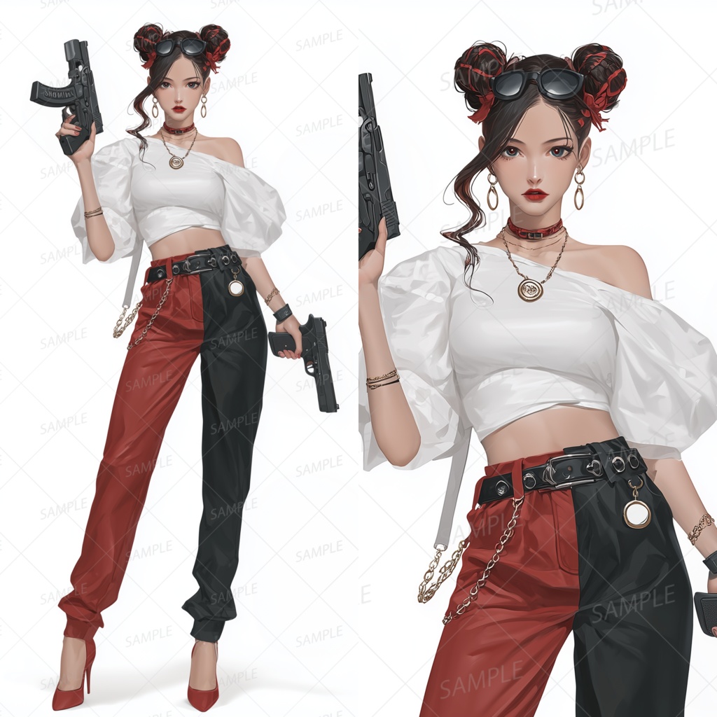 A0075：二挺拳銃のツートンお団子ガール[立ち絵・縦画面]