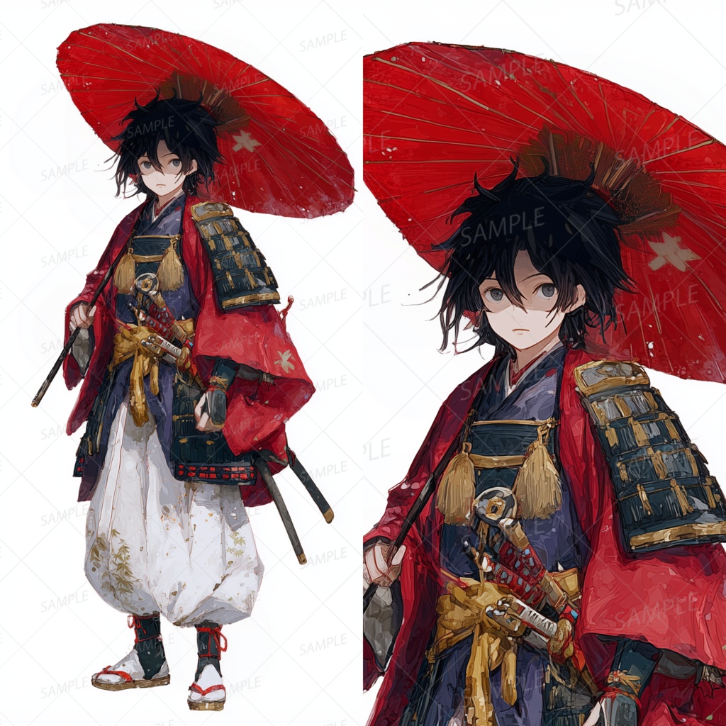 A0076：戦装束に乱れ髪の赤傘を差す若き侍[立ち絵・縦画面]