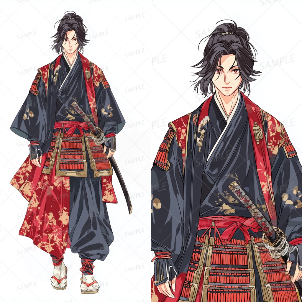 A0077：紅黒の戦装束を纏う青年武者[立ち絵・縦画面]