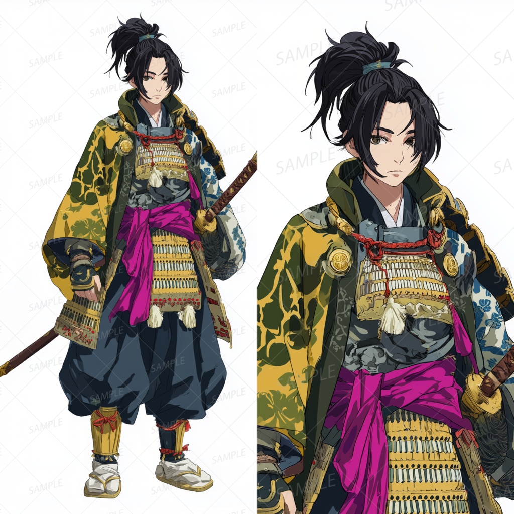 A0080：金の籠手と黒髪ポニーテールの武士[立ち絵・縦画面]