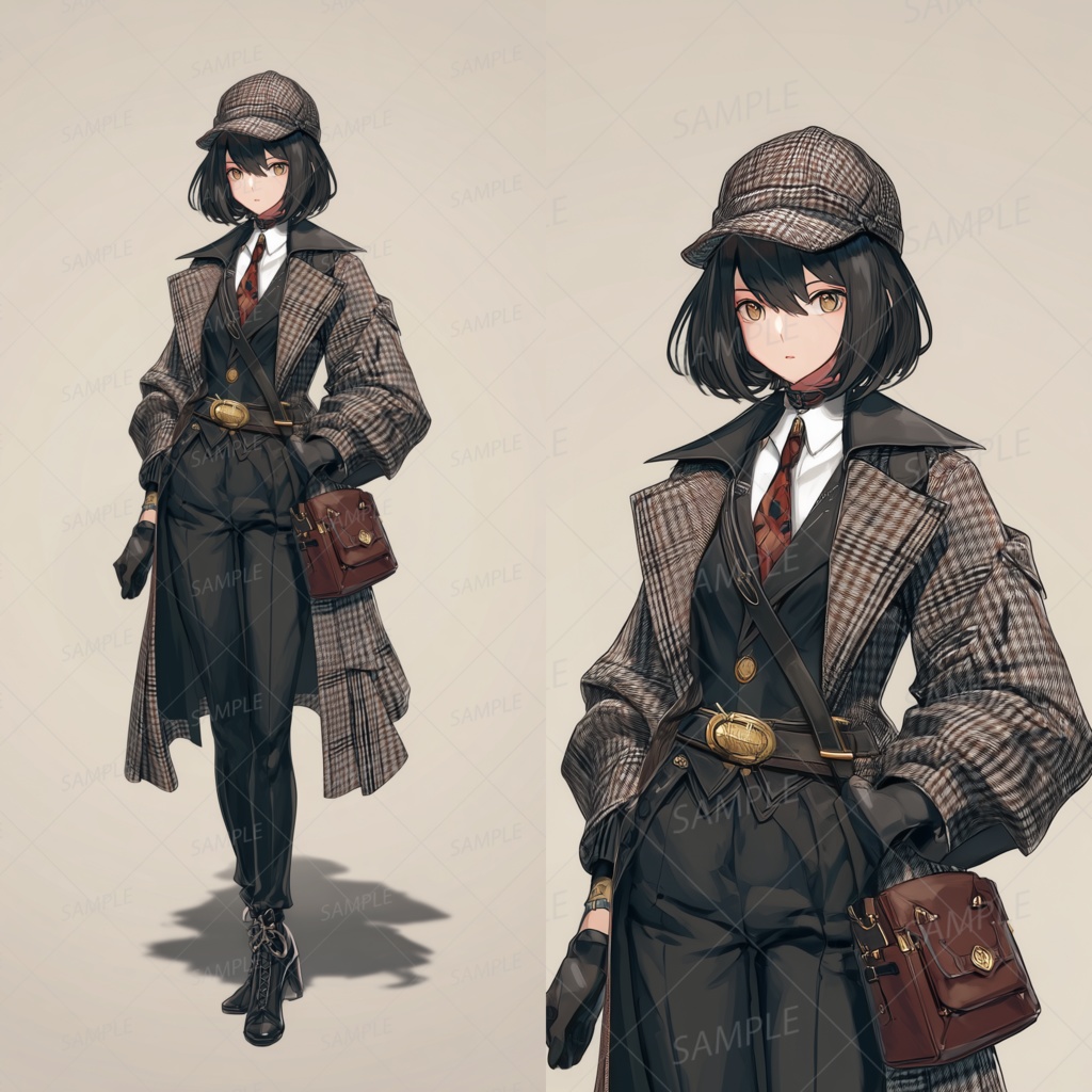 A0092：チェックのコートを着た黒髪ボブの探偵女子[立ち絵・縦画面]