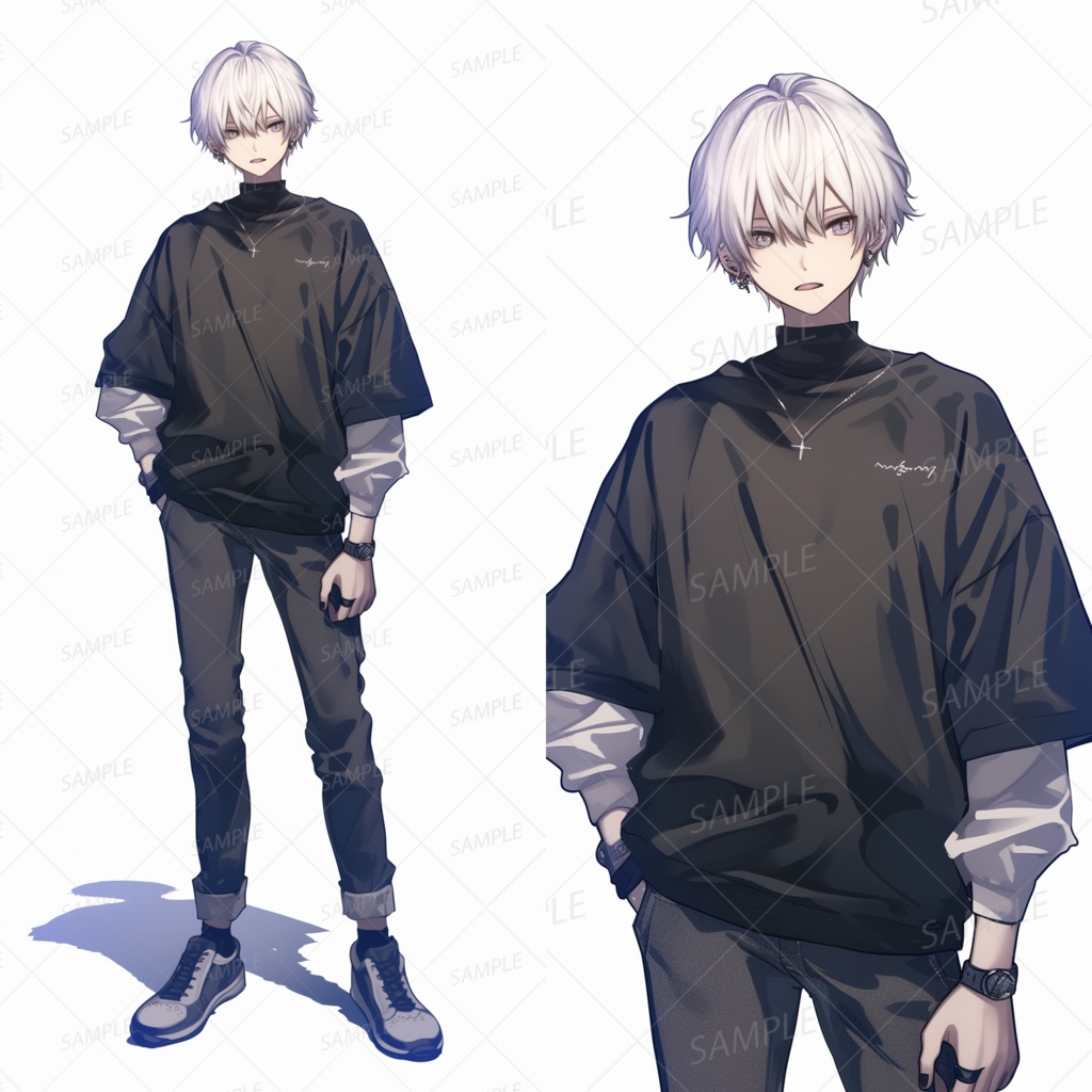 A0094：シンプルなモノトーンコーデの白髪少年[立ち絵・縦画面]