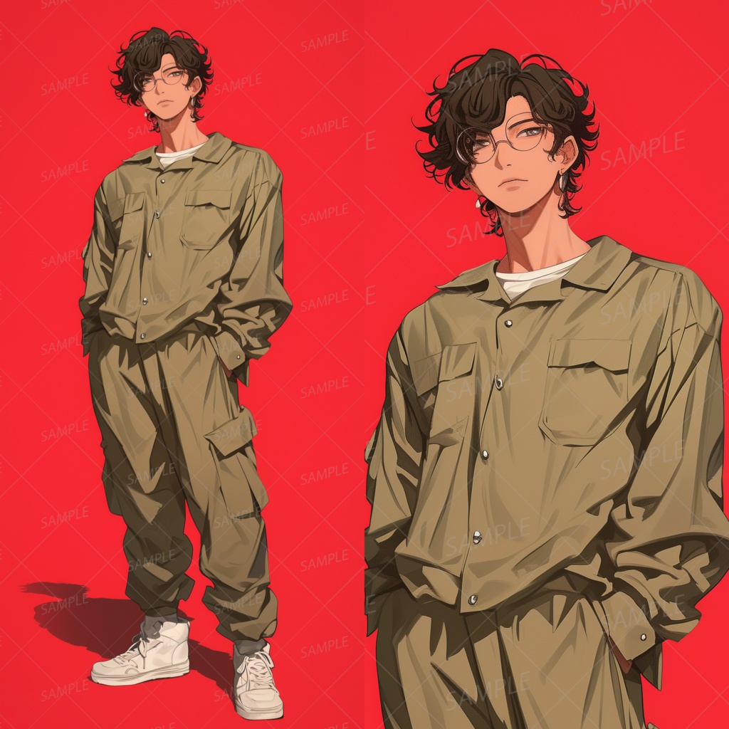 A0096：カーキのジャンプスーツを着た眼鏡男子[立ち絵・縦画面]