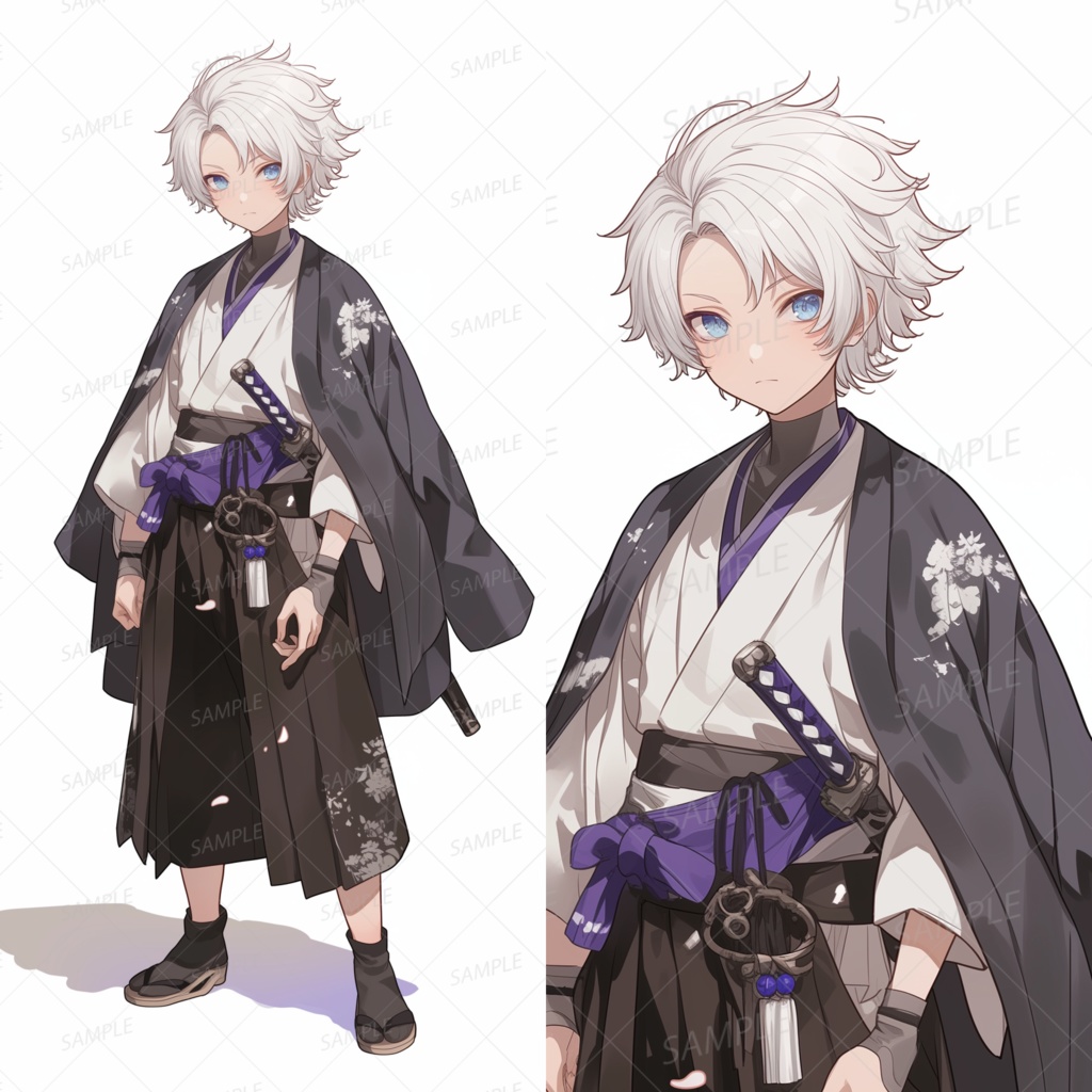 A0097：白髪で青い目のサムライ少年[立ち絵・縦画面]