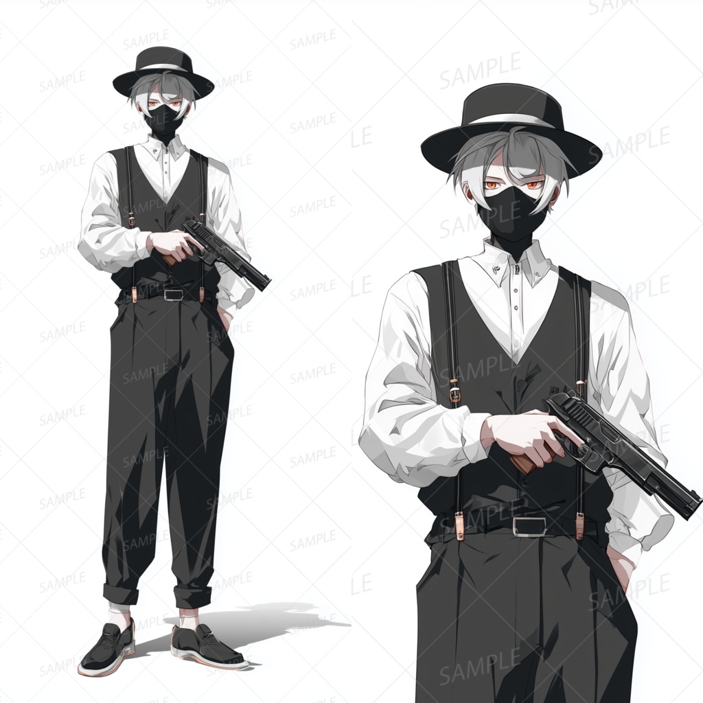 A0120：銃を持つ黒ベストのマスク銀髪青年[立ち絵・縦画面]