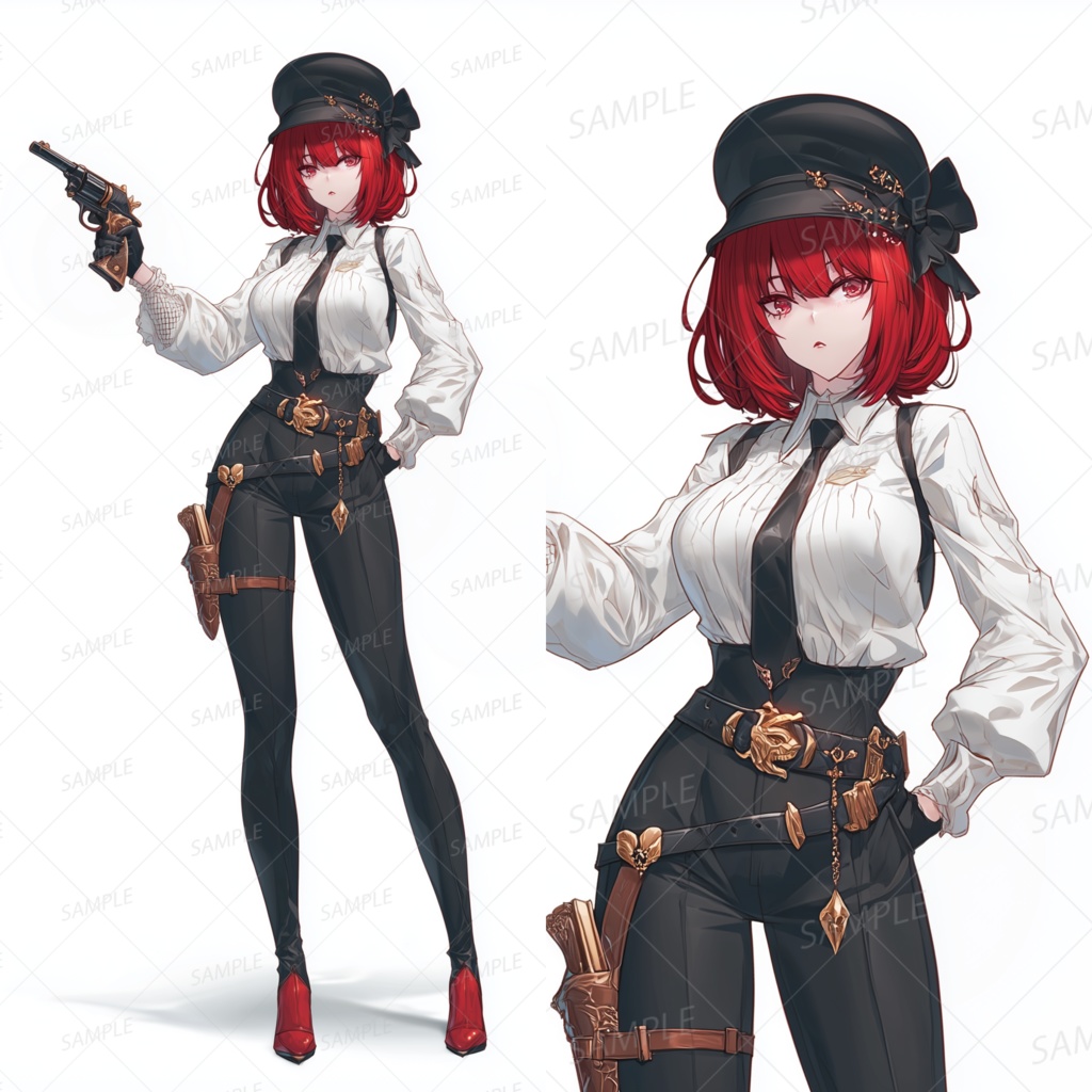 A0119：レトロ銃を構えるゴシック赤髪令嬢[立ち絵・縦画面]