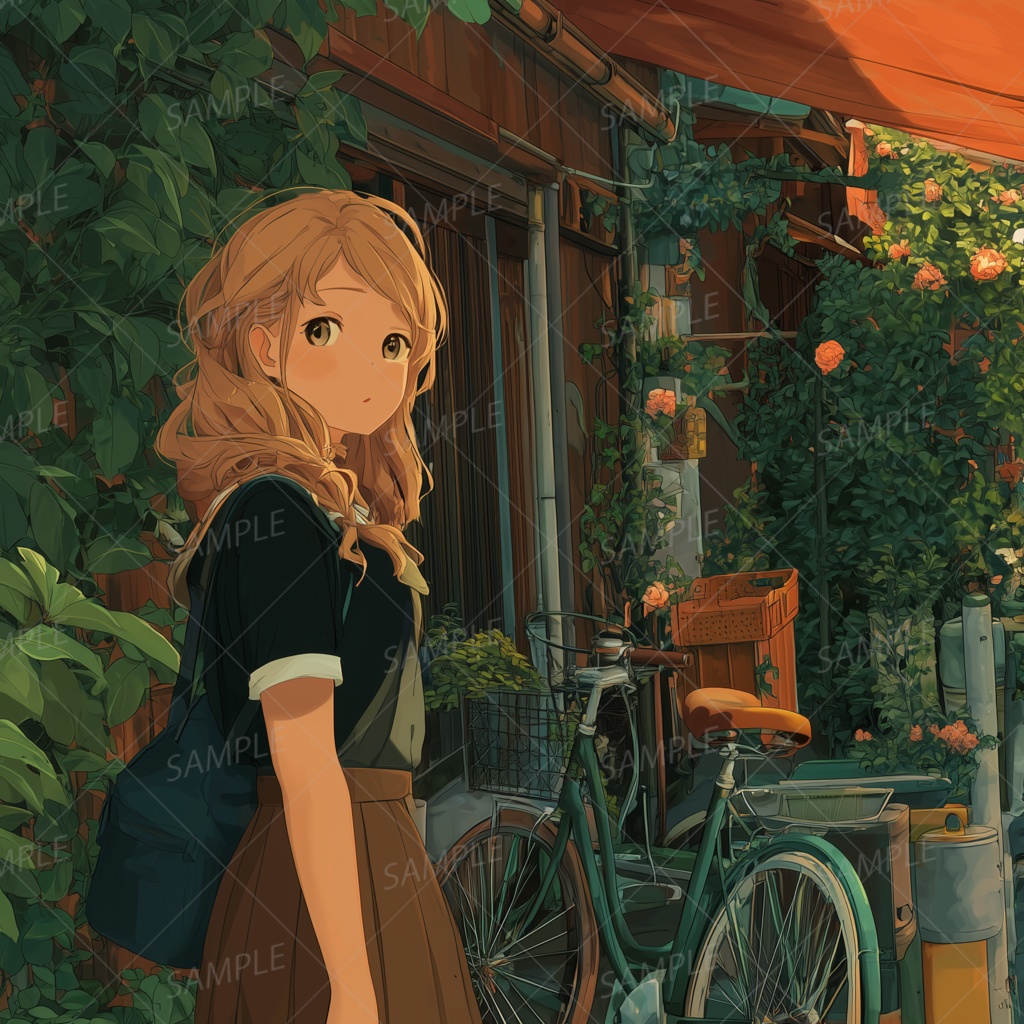 B0012：ツタの絡まる木造家屋と金髪の少女場[PC壁紙・横画面]
