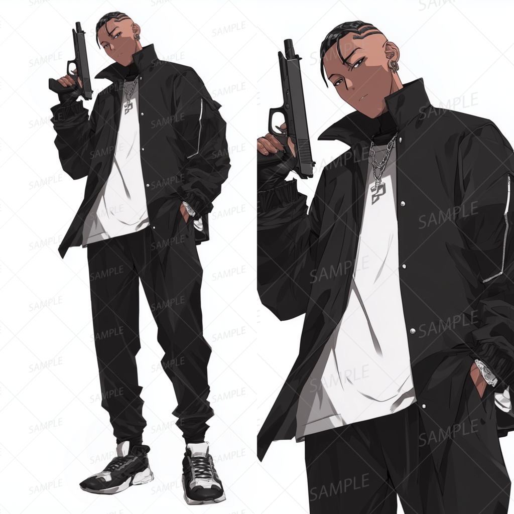 A0123：銃口を上げる黒ジャケットのアウトロー男性[立ち絵・縦画面]
