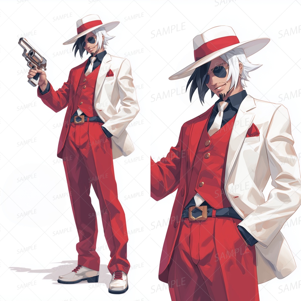 A0129：シルバーリボルバーの白赤ツートン紳士[立ち絵・縦画面]