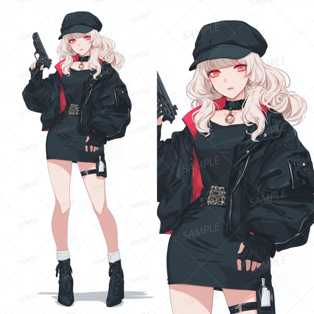 A0131：金髪赤目の黒ワンピースの女性ガンナー[立ち絵・縦画面]