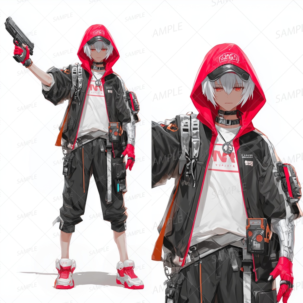 A0132：赤フードと白髪の銃使いストリート少年[立ち絵・縦画面]