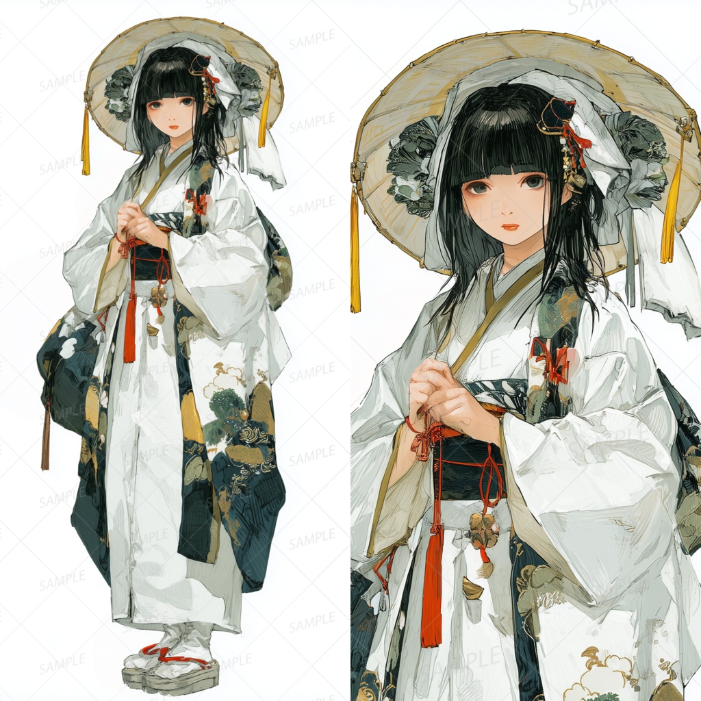 A0134：編笠をかぶった白と黒の和装黒髪少女[立ち絵・縦画面]