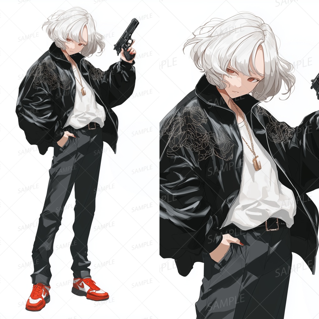 A0138：白髪ショートと黒ジャケットの中性的ピストル使い[立ち絵・縦画面]