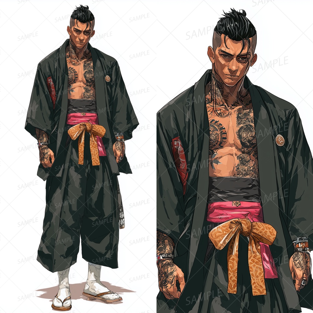 A0139：上半身タトゥーの黒和装アウトロー男[立ち絵・縦画面]