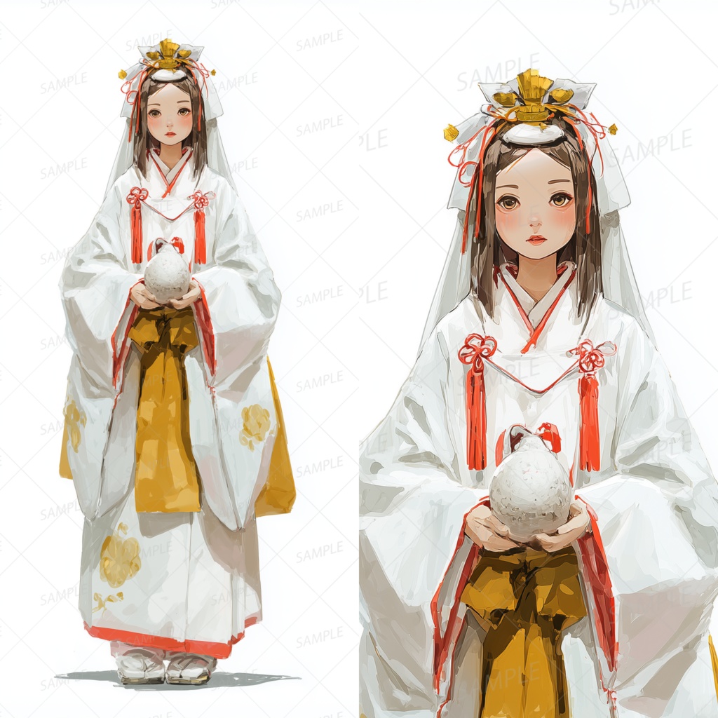 A0141：金色帯の白無垢な神前式衣装の少女[立ち絵・縦画面]