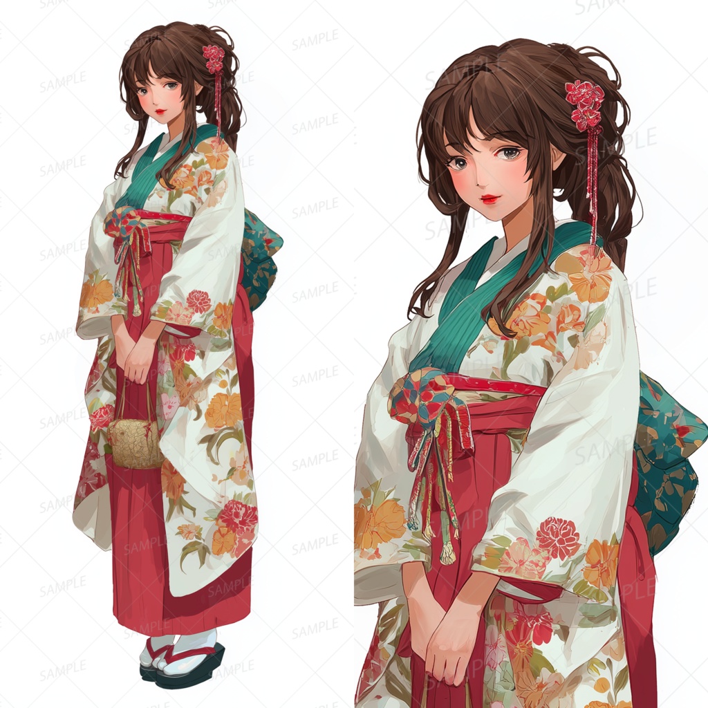 A0142：和モダンな花柄紅白振袖の美少女[立ち絵・縦画面]
