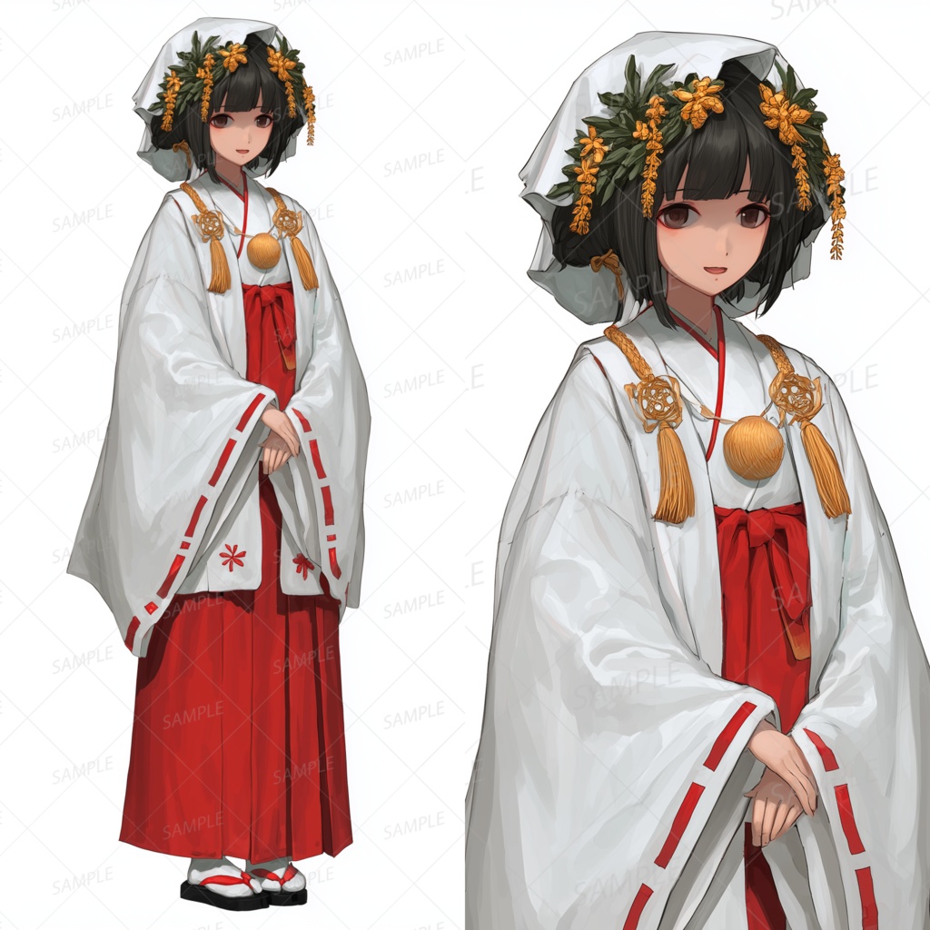 A0143：赤袴と白羽織の花冠付き巫女の少女[立ち絵・縦画面]