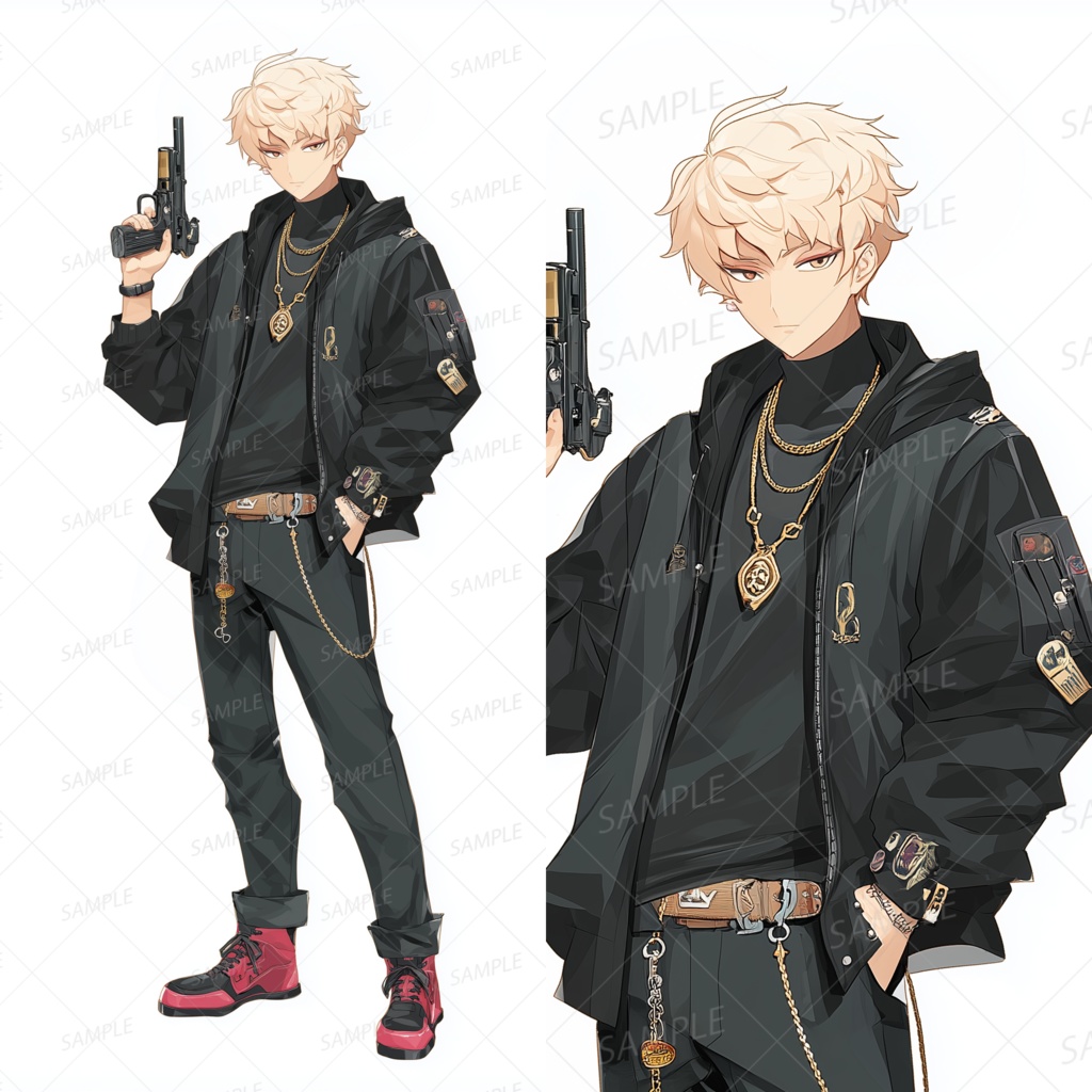 A0144：黒ジャケットの銃持ち金髪男子[立ち絵・縦画面]
