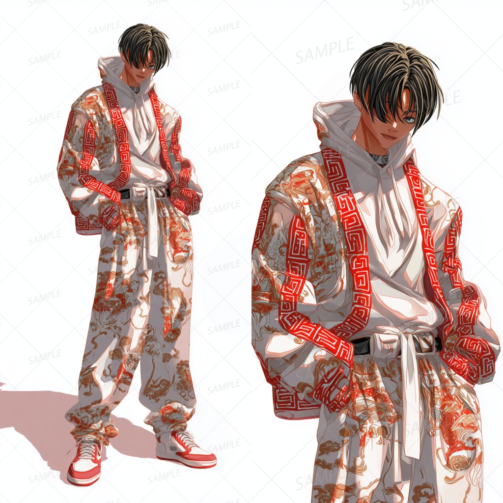 A0152：赤白の中華模様ジャケットの黒髪男子[立ち絵・縦画面]