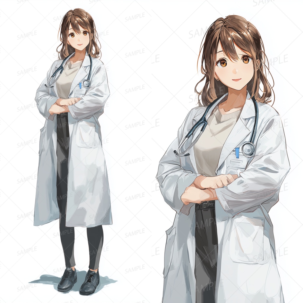 A0157：白衣に聴診器をかけた茶髪ロングの女医[立ち絵・縦画面]