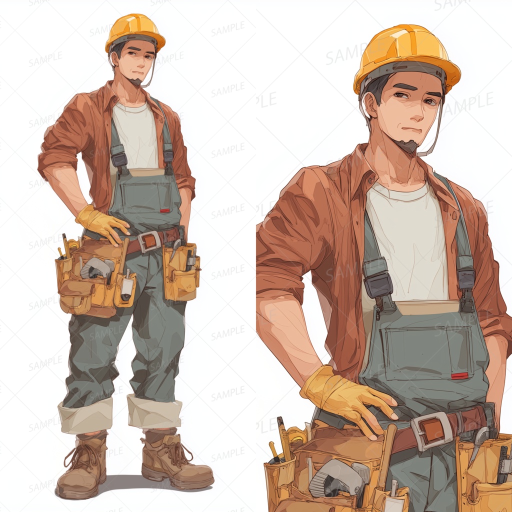 A0159：ヘルメットと作業ベルトの作業員男性[立ち絵・縦画面]